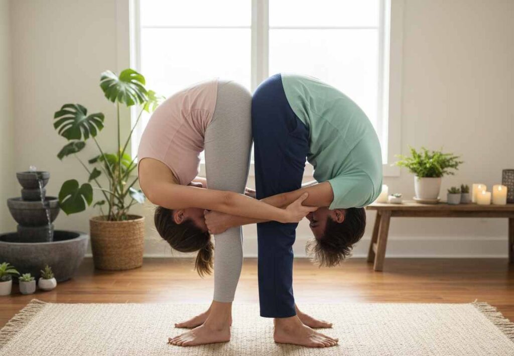 A couple practicing Partner Yoga in a standing forward fold pose, holding each other’s arms for balance and connection in a peaceful indoor space with plants and candles.