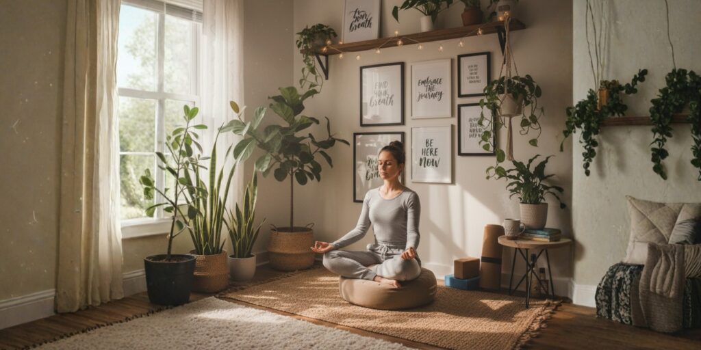 Cozy yoga corner with framed inspirational quote and zen vibes.