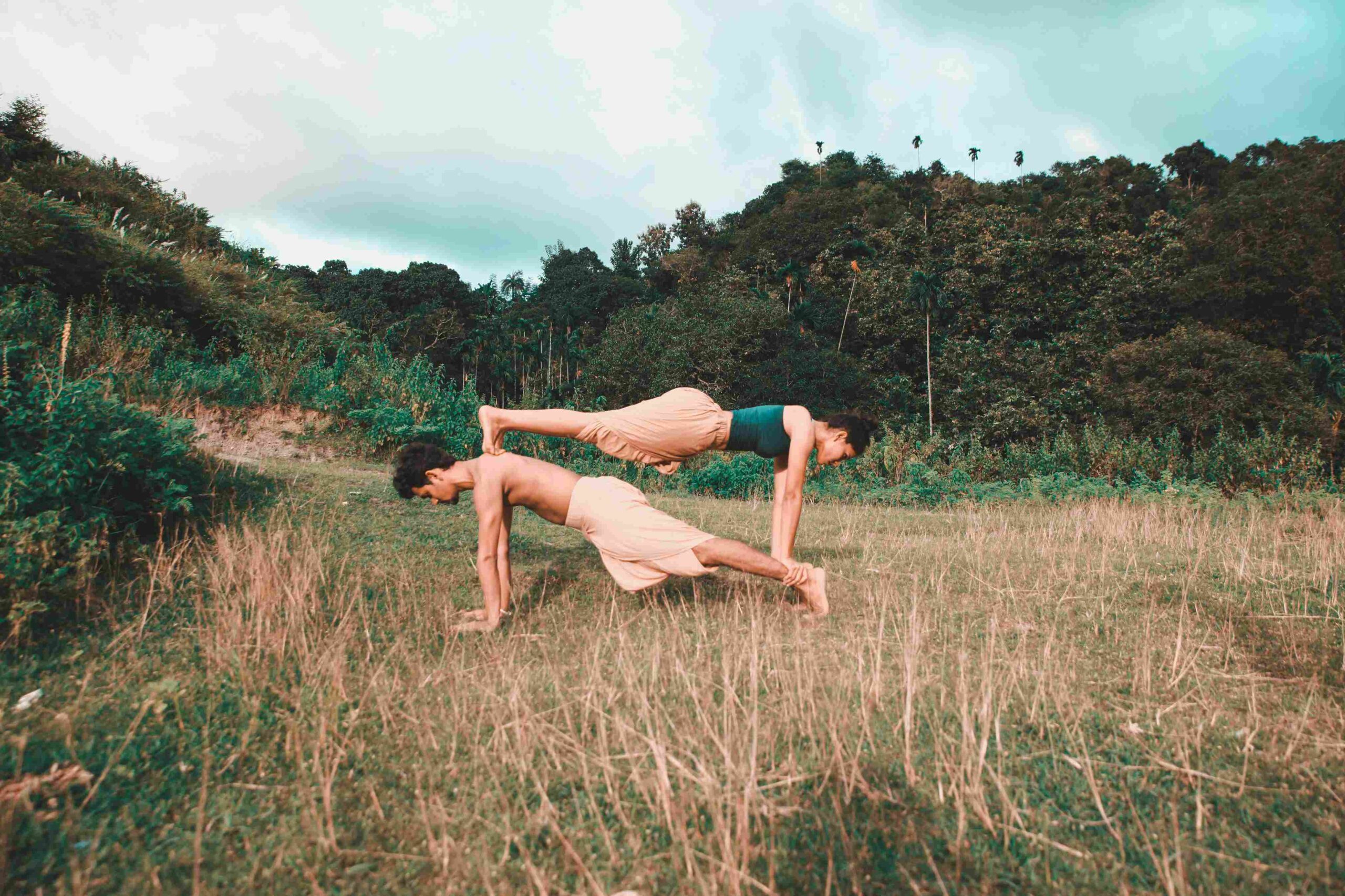 Two people practicing Partner Yoga outdoors, performing a double plank pose that builds balance, strength, and trust in a natural, serene environment.