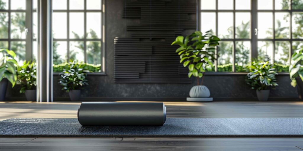 Yoga studio setup with natural lighting, plants, and essential yoga gear.