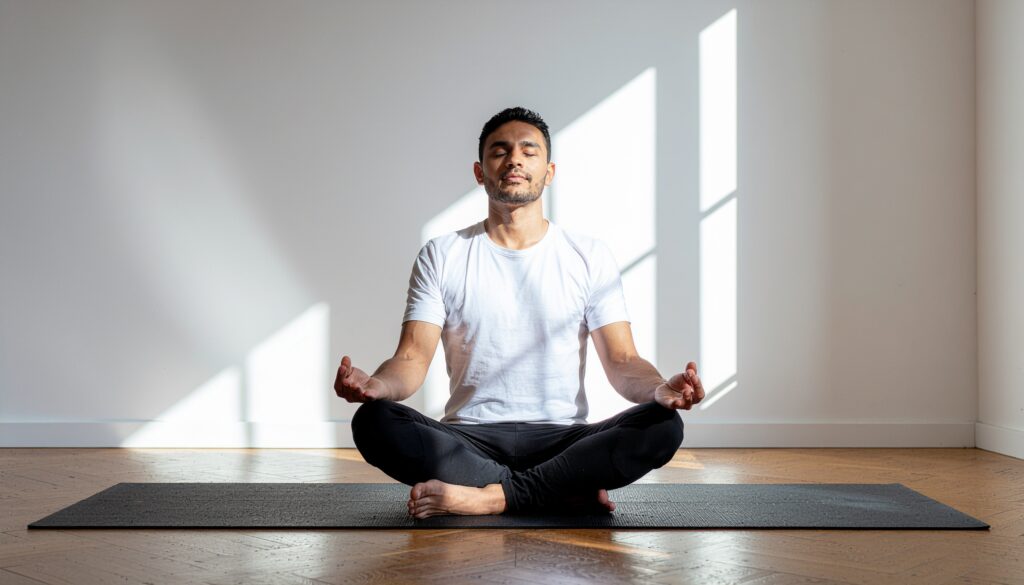 Man meditating in a sunlit room, wearing a white t-shirt and black yoga pants that reflect modern yoga fashion, sitting cross-legged on a black yoga mat with eyes closed in a calm, mindful posture.